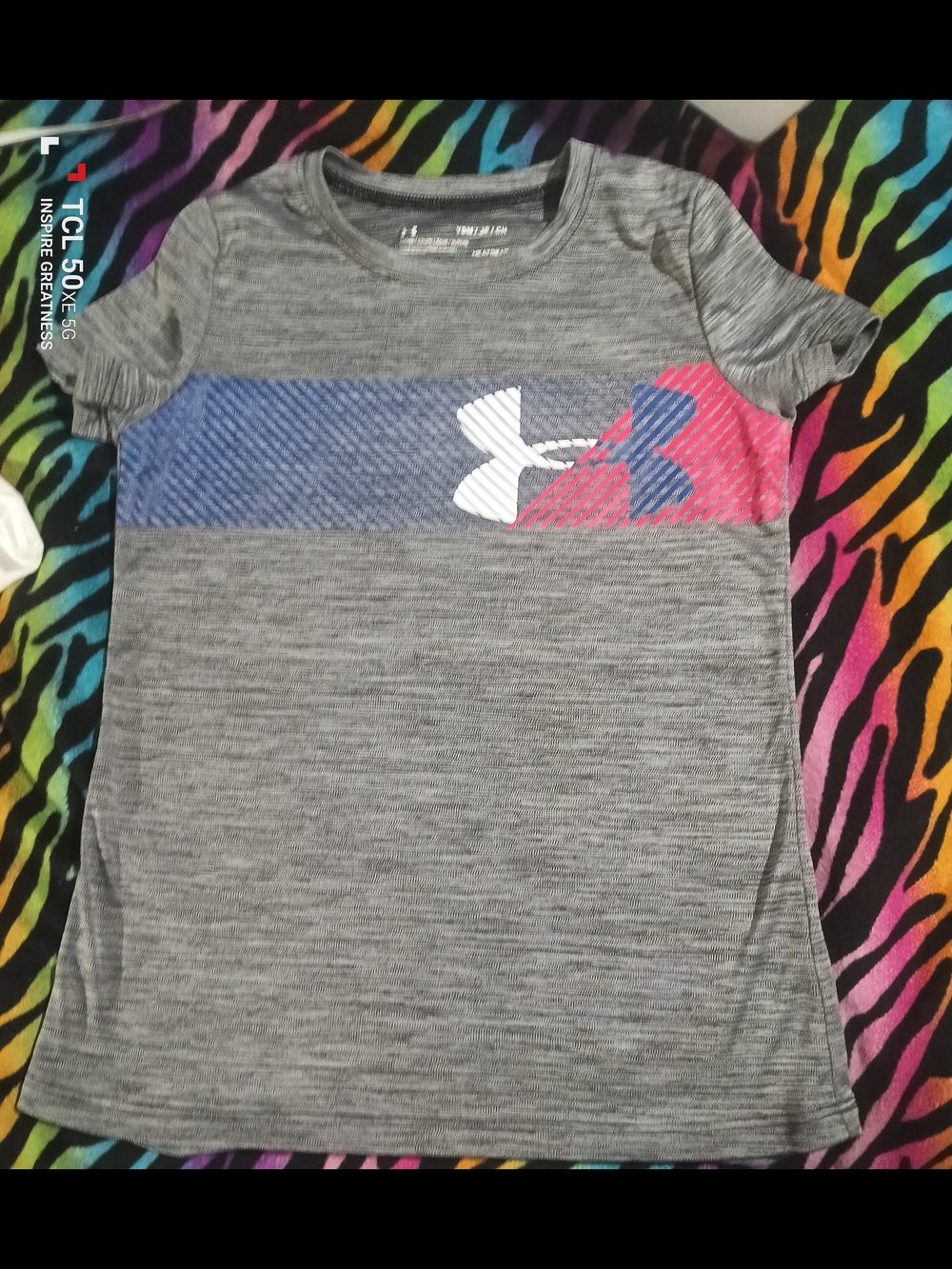 Under Armour Kids' Gray Tee with Blue and Pink Chest Stripe